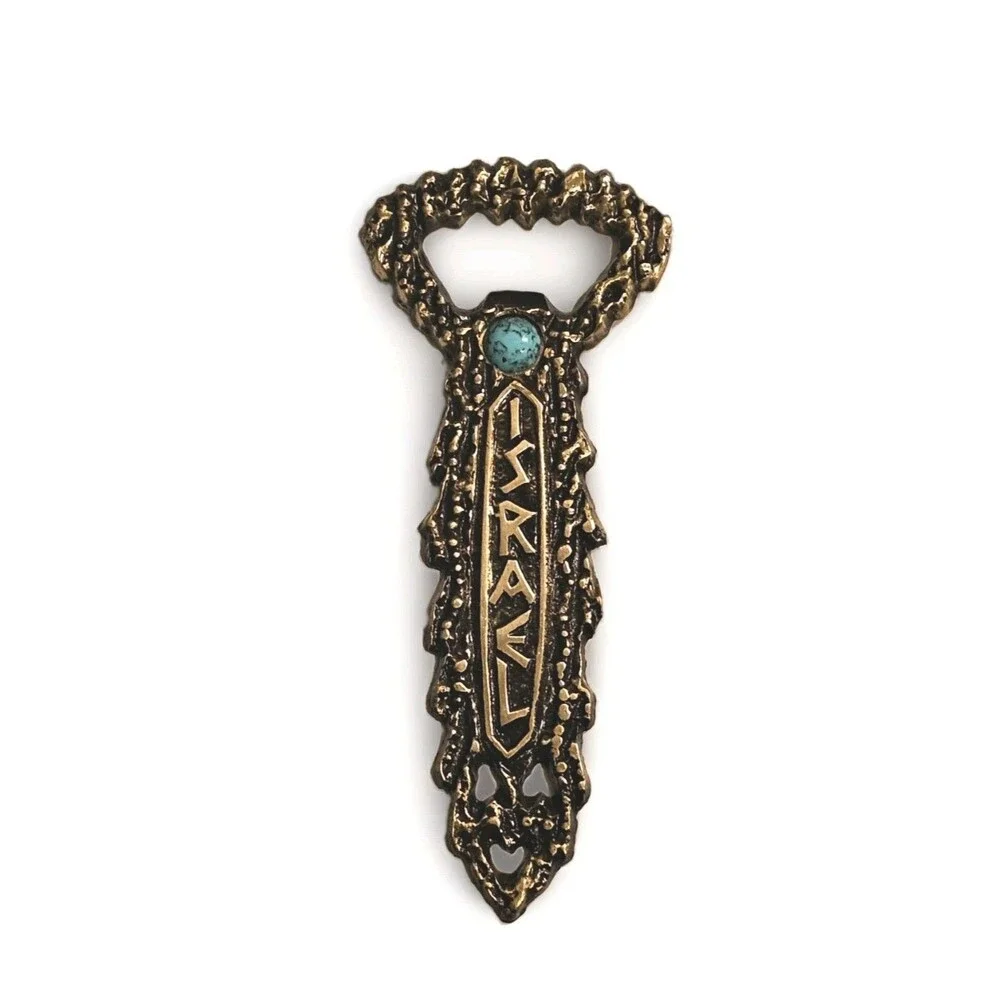​Vtg Brutalist Brass Israel Bottle Opener Mid Century Eilat Turquoise Stone Art